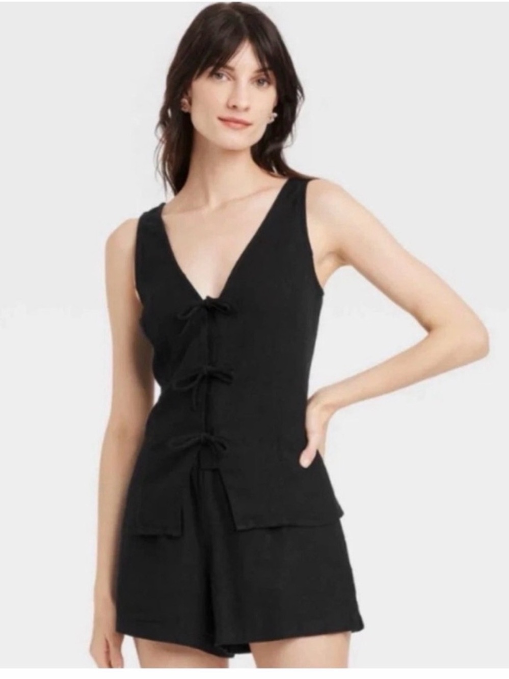 Target Black Tie-Front Blouse + Linen Shorts Set